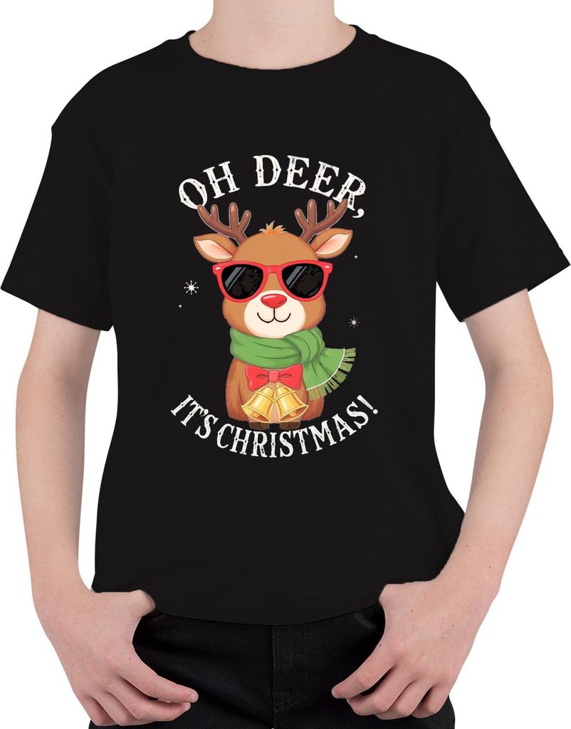Oh Deer It's Christmas Rudolph Sonnenbrille Schal Glocken lustig Uni Kinder T-Shirt, Schwarz, 104