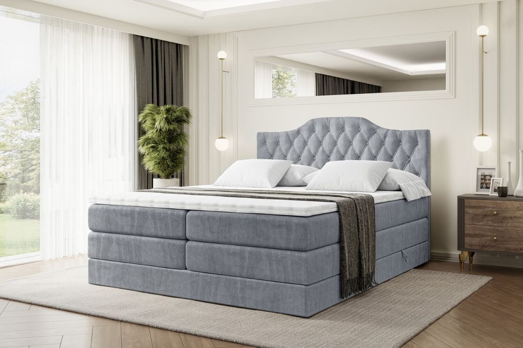 ALTDECOR Boxspringbett mit 2 Matratzen und Topper - 160x200 cm - VILA-1 KING - Grau Samt - Polsterbett mit, H3- und H4- Matratzen, Bettkasten und L...