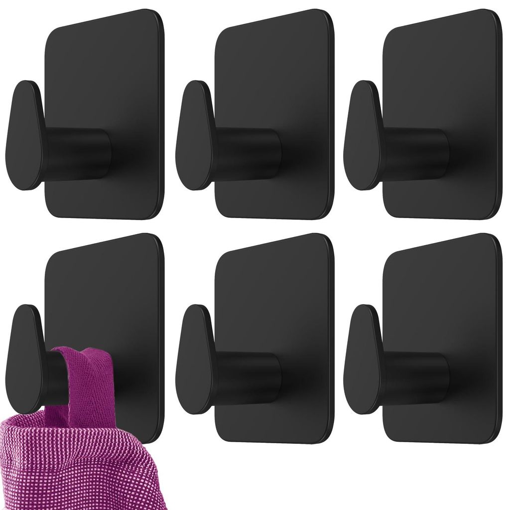 6 Handtuchhalter ohne Bohren, OV Design – Schwarze selbstklebende Haken mit Klebestreifen