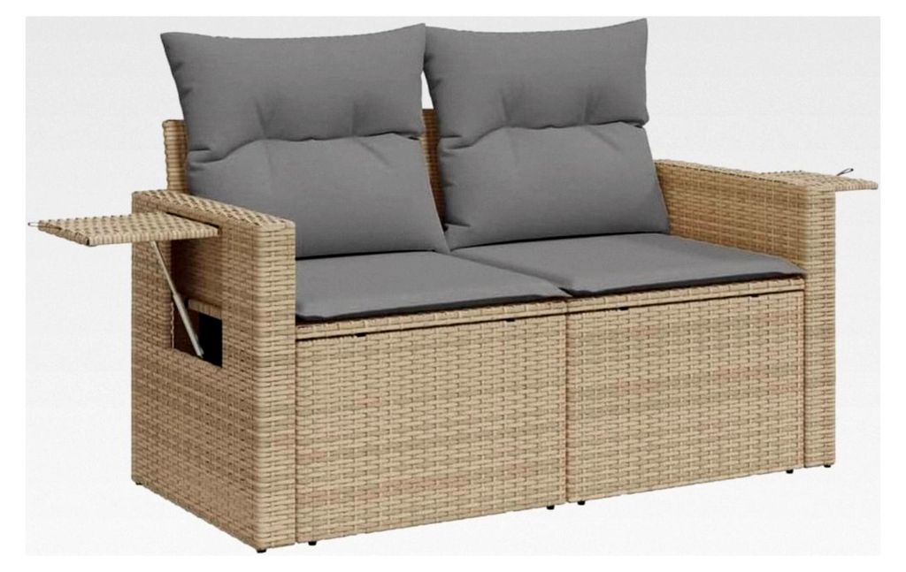 Gartenmöbel-Set, 7-teilig mit Kissen, Polyrattan, Beige