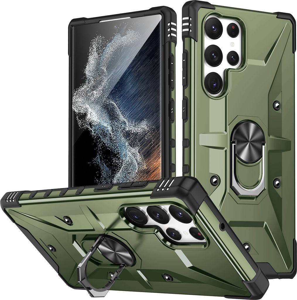 Galaxy S22 Ultra 5G Hülle, Robuste Rüstung Ring Halter Ständer Dual Layer PC TPU Stoßfest Schutzhülle für Samsung Galaxy S22 Ultra 5G Dunkelg...