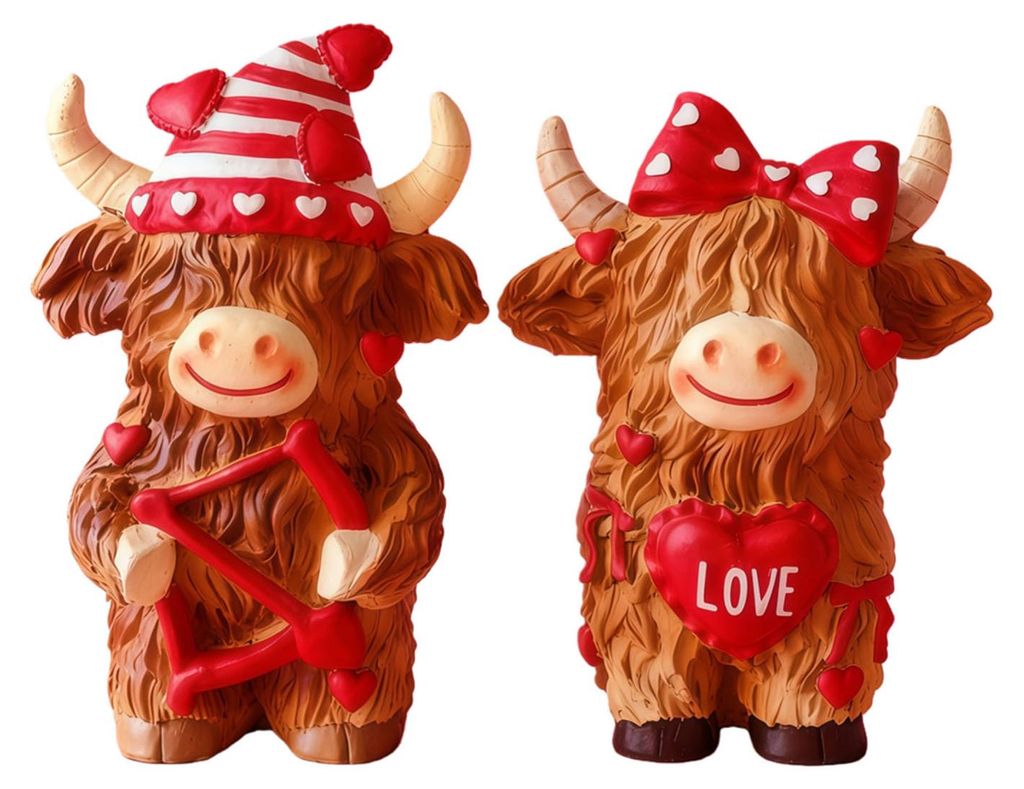 2er-Set Valentinstag-Hochlandrind-Statuen, niedliche Hochlandrind-Figur aus Kunstharz mit Herz und Amor-Pfeil für Tischdekoration, Etageren oder R...