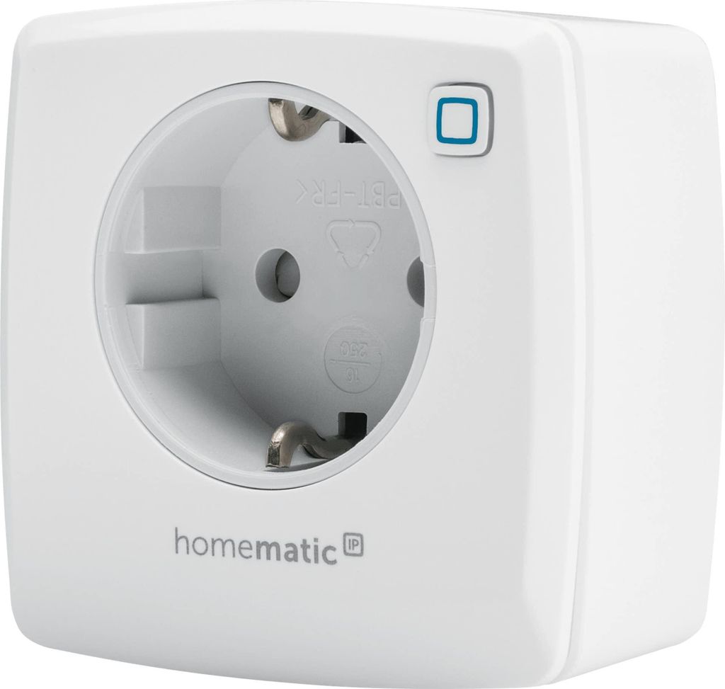 A white smart plug with a European-style socket and a blue button.