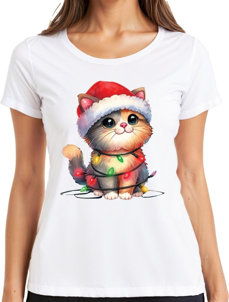 Katze Lichterkette Katzenliebhaber - Weihnachten Weihnachtsgeschenk Christmas Damen T-Shirt, Weiß, M