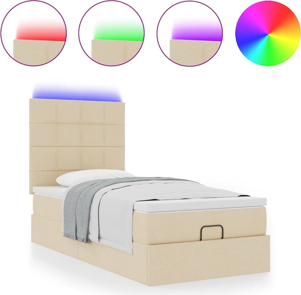 Ottomane Bett mit Matratze & LEDs Creme 90x200 cm Stoff