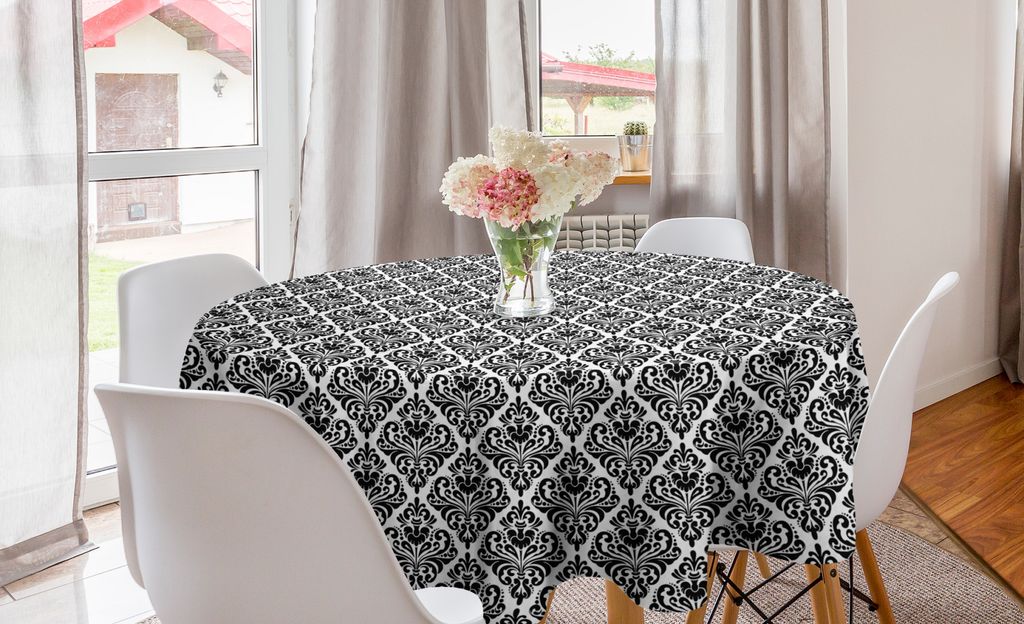 ABAKUHAUS Damast Runde Tischdecke, Alte Blüten mit Kurven, Kreis Tischdecke Abdeckung für Esszimmer Küche Dekoration, 150 cm, Schwarz-Weiss