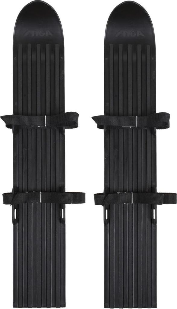 A pair of black snow skis for children, shown from a top-down perspective against a white background.