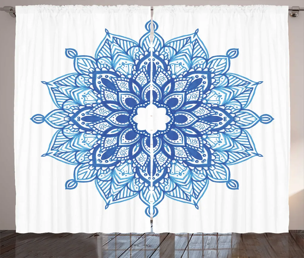Rideau de Chambre Ethnique Mandala Bleu Azur avec Crochets 280x225cm