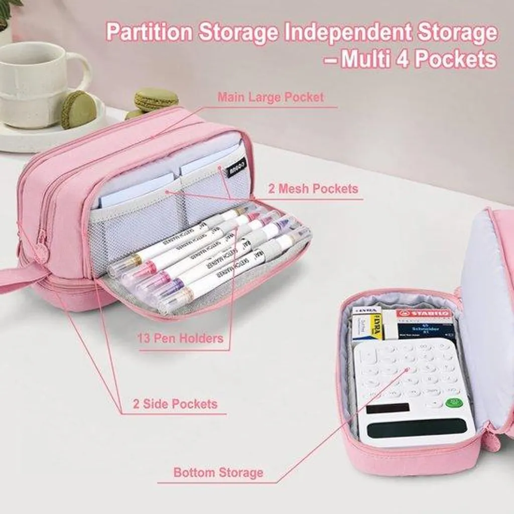 Trousse multifonction 4 compartiments rose, grande capacité XXL