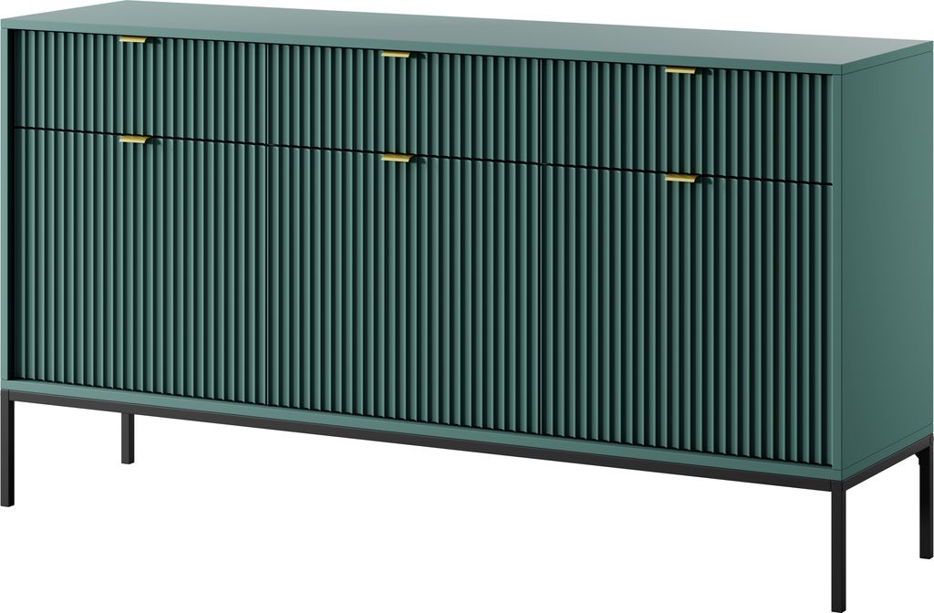 BETTSO Groß Geriffelt Kommode 3 Türen und 3 Schubladen Highboard Goldgriffe Glamour NOVA 154 cm Grün auf Schwarzbeinen