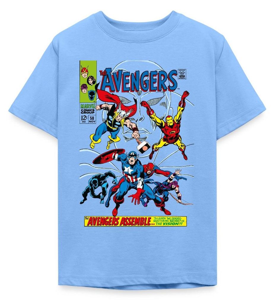 Spreadshirt Avengers Comic Superhelden Assemble Teenager T-Shirt, 134/146 (9-11 Jahre), Himmelblau