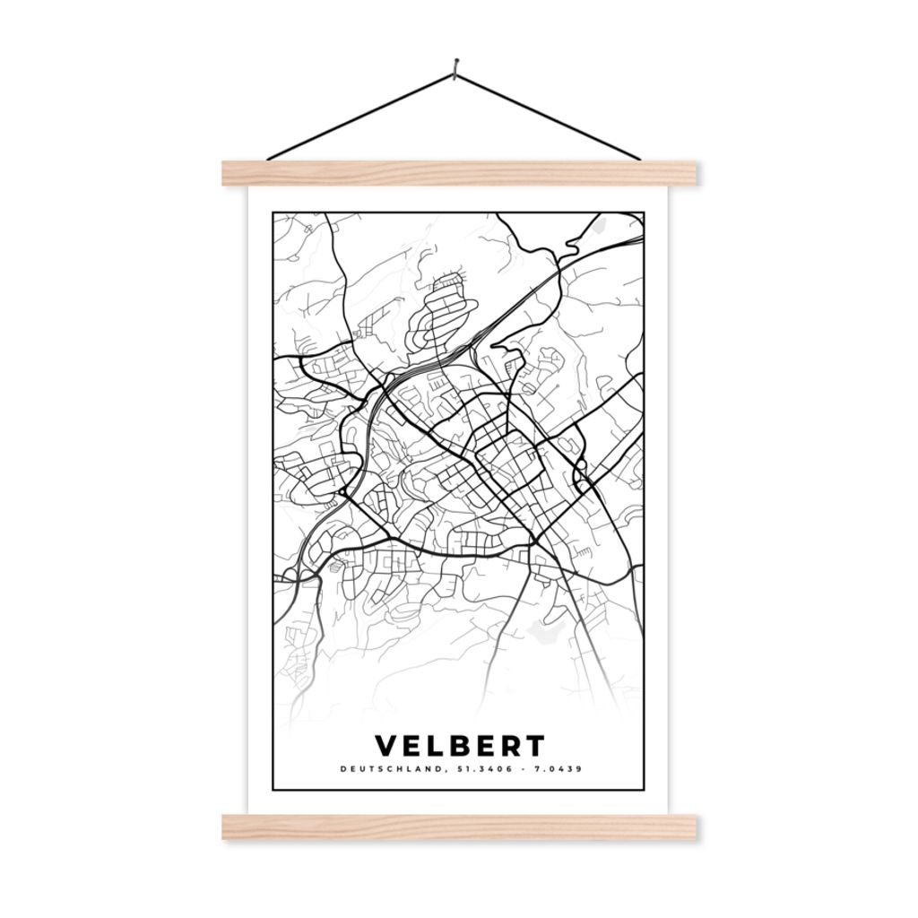 MuchoWow Textilposter Karte - Velbert - Stadtplan 40x60 cm mit holzfarbenen Rahmen - Poster