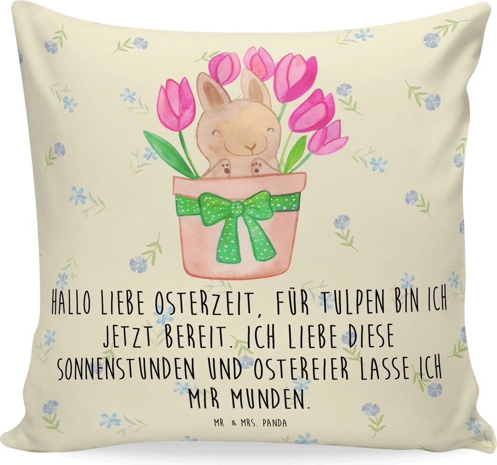 Mr. & Mrs. Panda Kuschelkissen Hase Tulpen - Blumig - Geschenk, 40x40, Alternative zu Blumen, Blumenstrauß, kissen bedruckt, Sofa, Couchkissen, Os...
