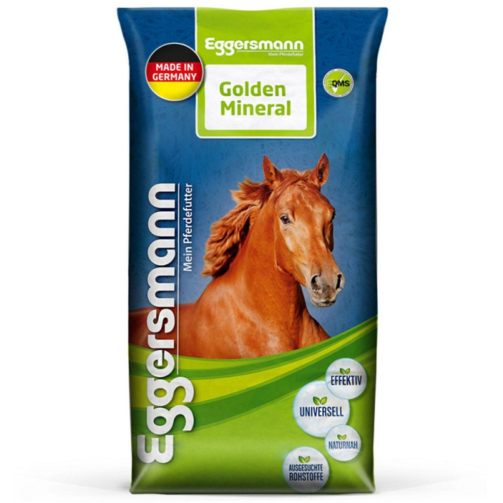A bag of Eggersmann Golden Mineral horse feed with a picture of a horse on it.