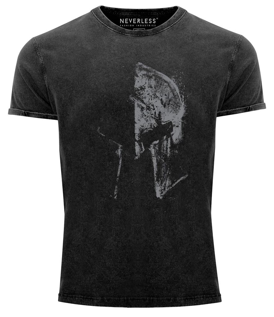 Herren Vintage Shirt Sparta-Helm Spartaner Helmet Printshirt T-Shirt Aufdruck Used Look Slim Fit Neverless schwarz L