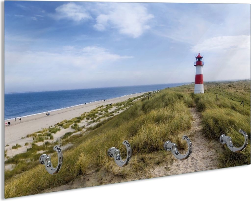 Wallario Handtuchhalter aus Glas, Motiv: Am Strand von Sylt Leuchtturm auf der Düne Panorama, 30 x 20 cm mit 4 Haken
