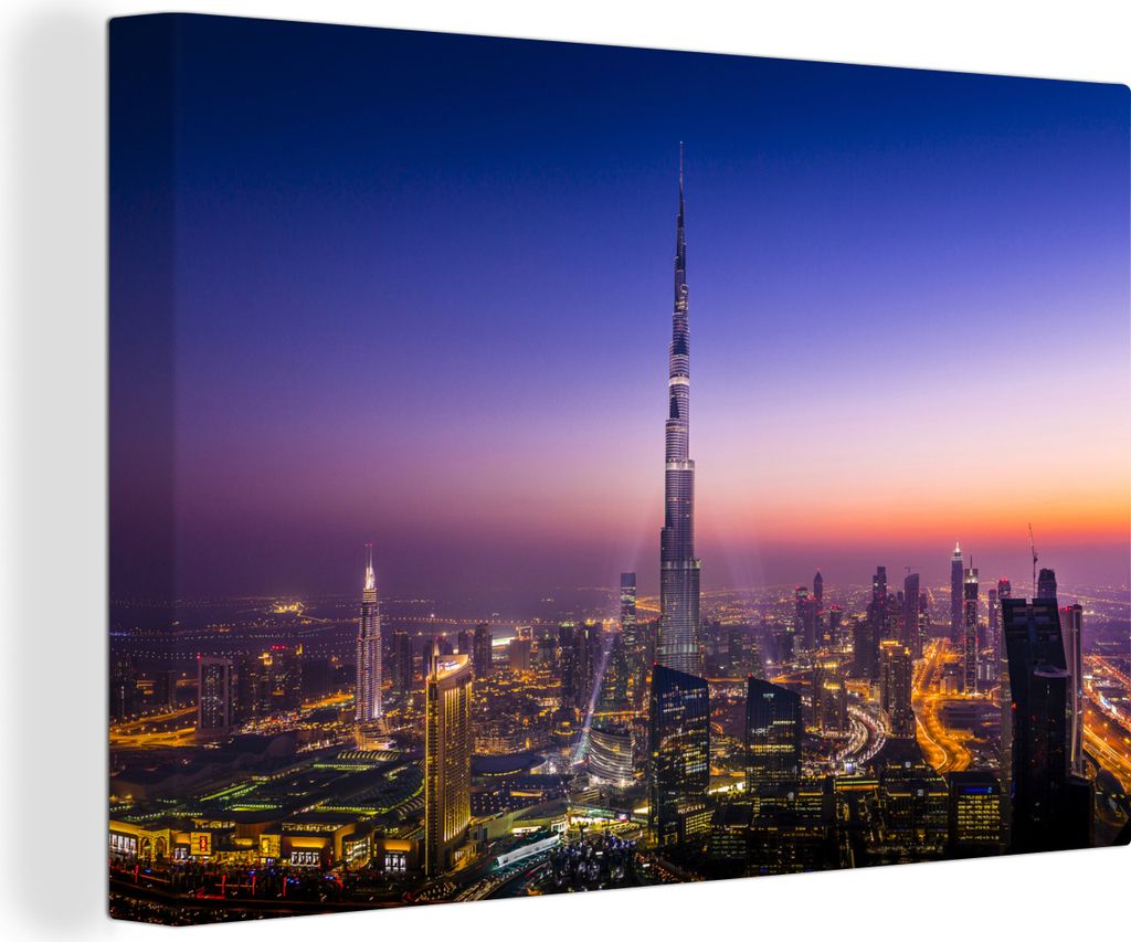 OneMillionCanvasses - Leinwandbilder - 140x90 cm, Bunter Himmel über dem Burj Khalifa-Wolkenkratzer und Dubai, Wandbilder Kunstdruck Wanddekorat...
