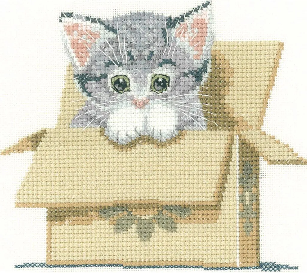 Set per punto croce Heritage in Aida "Cat in a Box (a)", schema per il conteggio, ldcb1249-a, 13x11,5cm