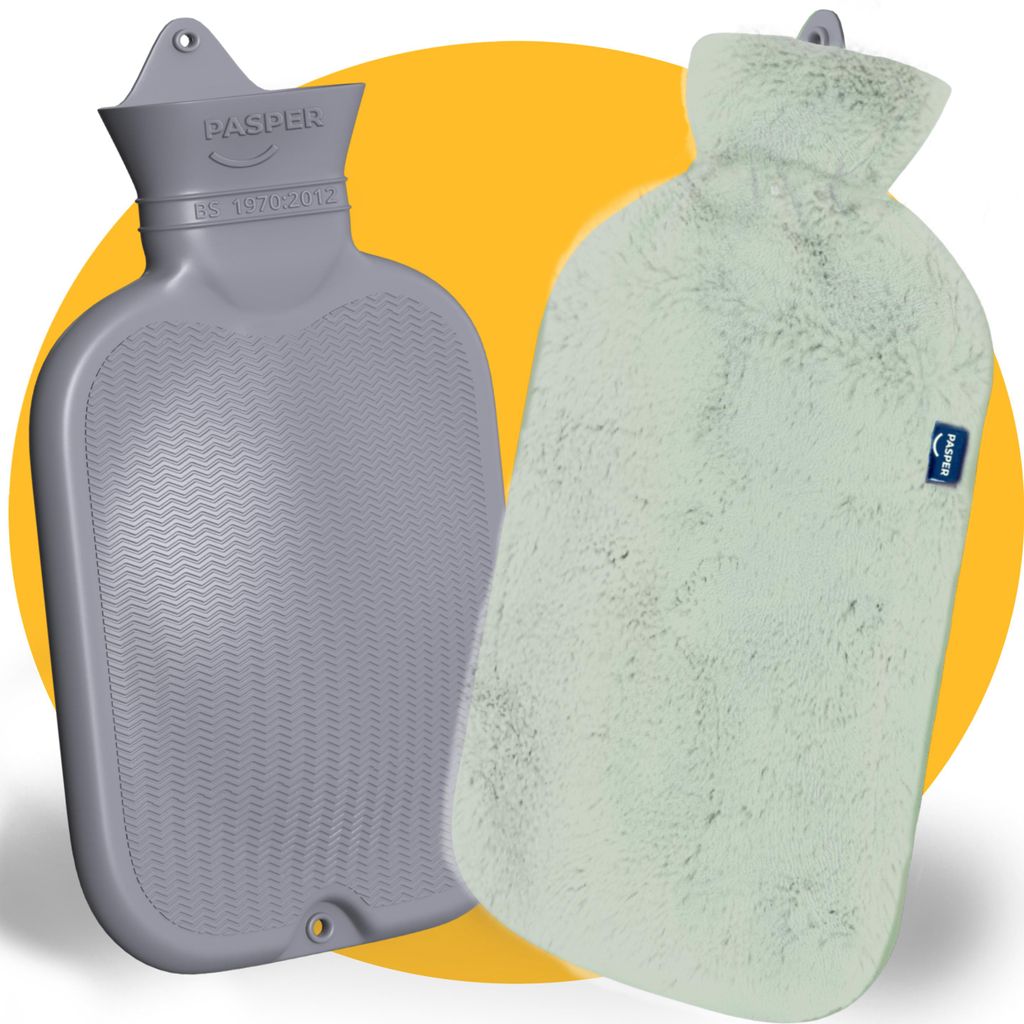 Two hot water bottles are shown against a yellow circular background.
