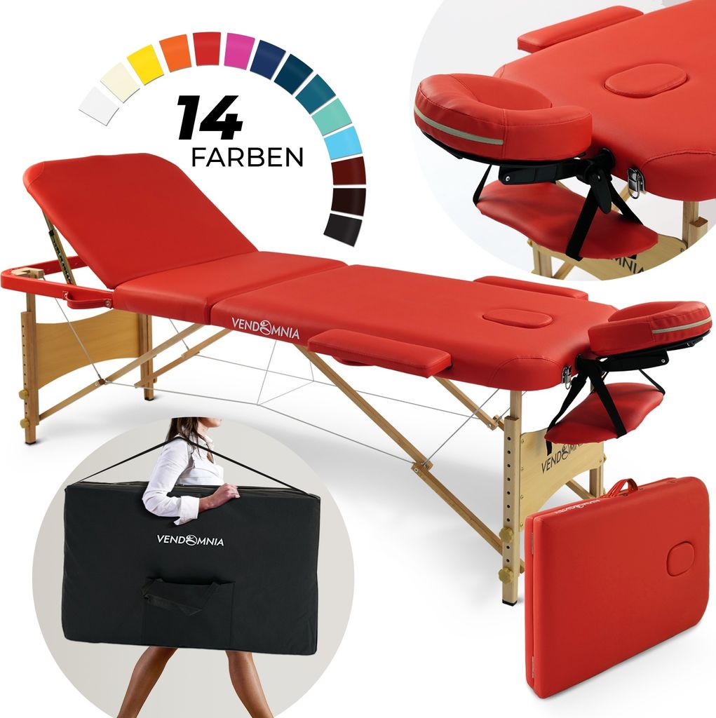 Mobile Massageliege - Holzfüße mit 3 Zonen-Klappbar, Massagetisch, Massagebett-höhenverstellbar inkl. Kopfstütze, Tasche Farbe: Rot