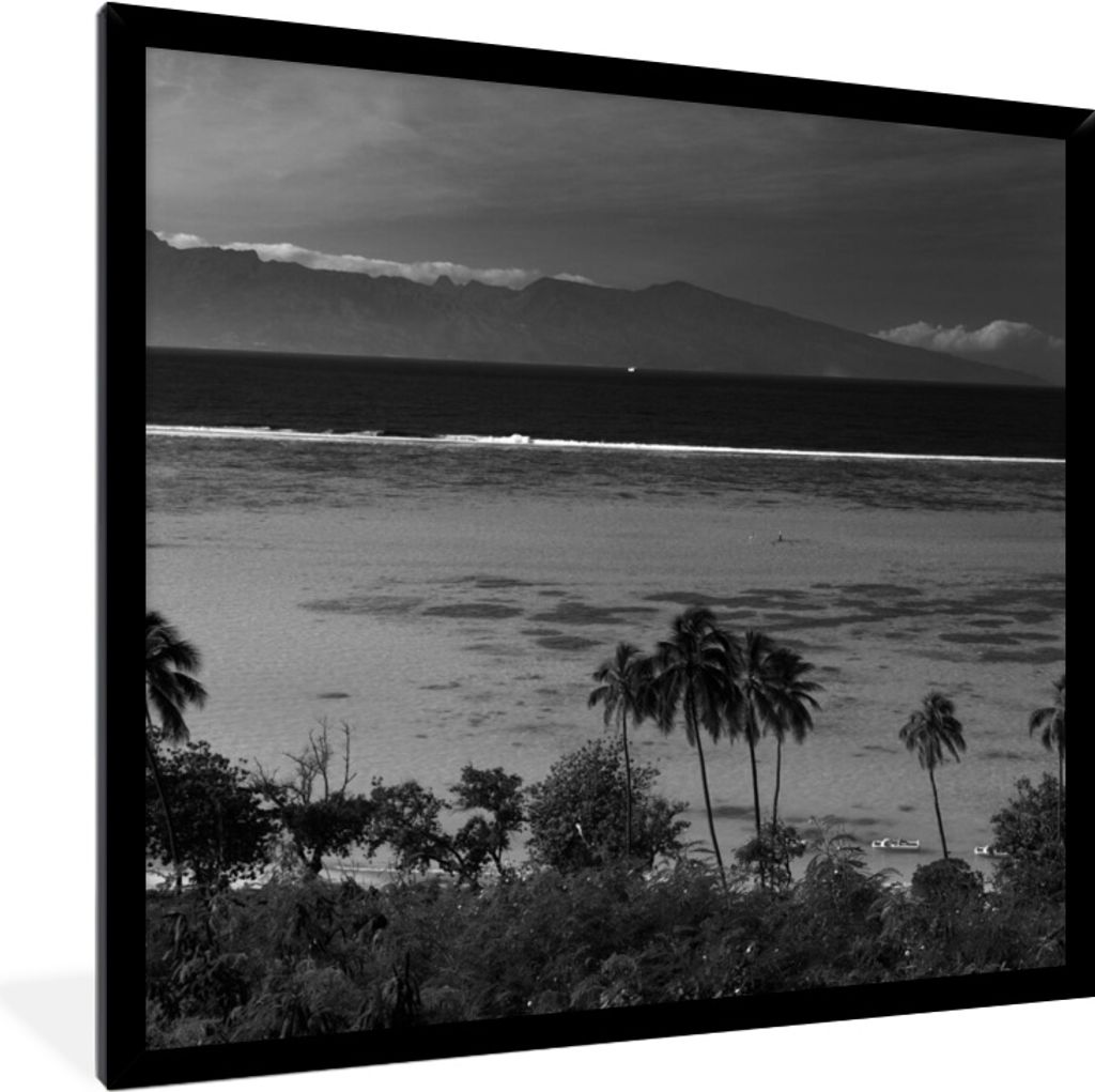 MuchoWow MuchoWow Gerahmtes Poster Palmen an der Küste von Mo'orea mit klarem blauem Wasser im Hintergrund in schwarz-weiß 40x40 cm - Poster ...