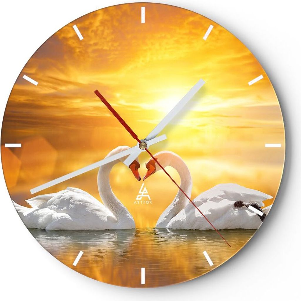 Wanduhr - Rund - Glasuhr - Schwan Wasser Paar - 40x40cm - Produktbild 