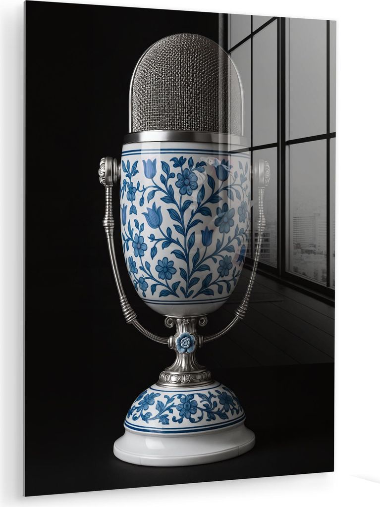 MuchoWow Glasbilder - Bilder auf Wandbild - Foto auf Glas Mikrofon - Delfter Blau - Musik 30x40 cm Wanddekoration aus Glas - Acrylglasbild - Acrylb...