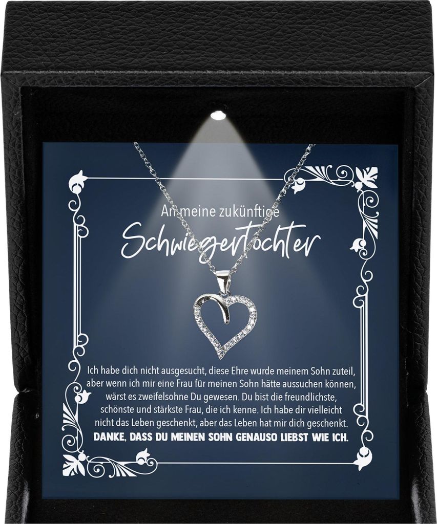 22Feels Braut Geschenk Hochzeit Schwiegertochter Frauen Schmuck - Silber 925/000 Herz Halskette - Damen Geschenkidee - Karte Premium LED Licht Etui