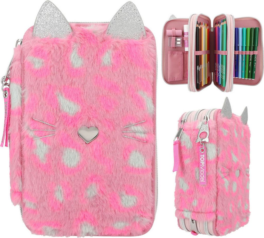 Federtasche TOPModel WILD Leo 3-Fach, gefüllt mit 18 Bunt- und Filzstiften, 2 Bleistiften,, Anspitzer, Radierer, Lineal, Schere, Klebestift,, Klet...