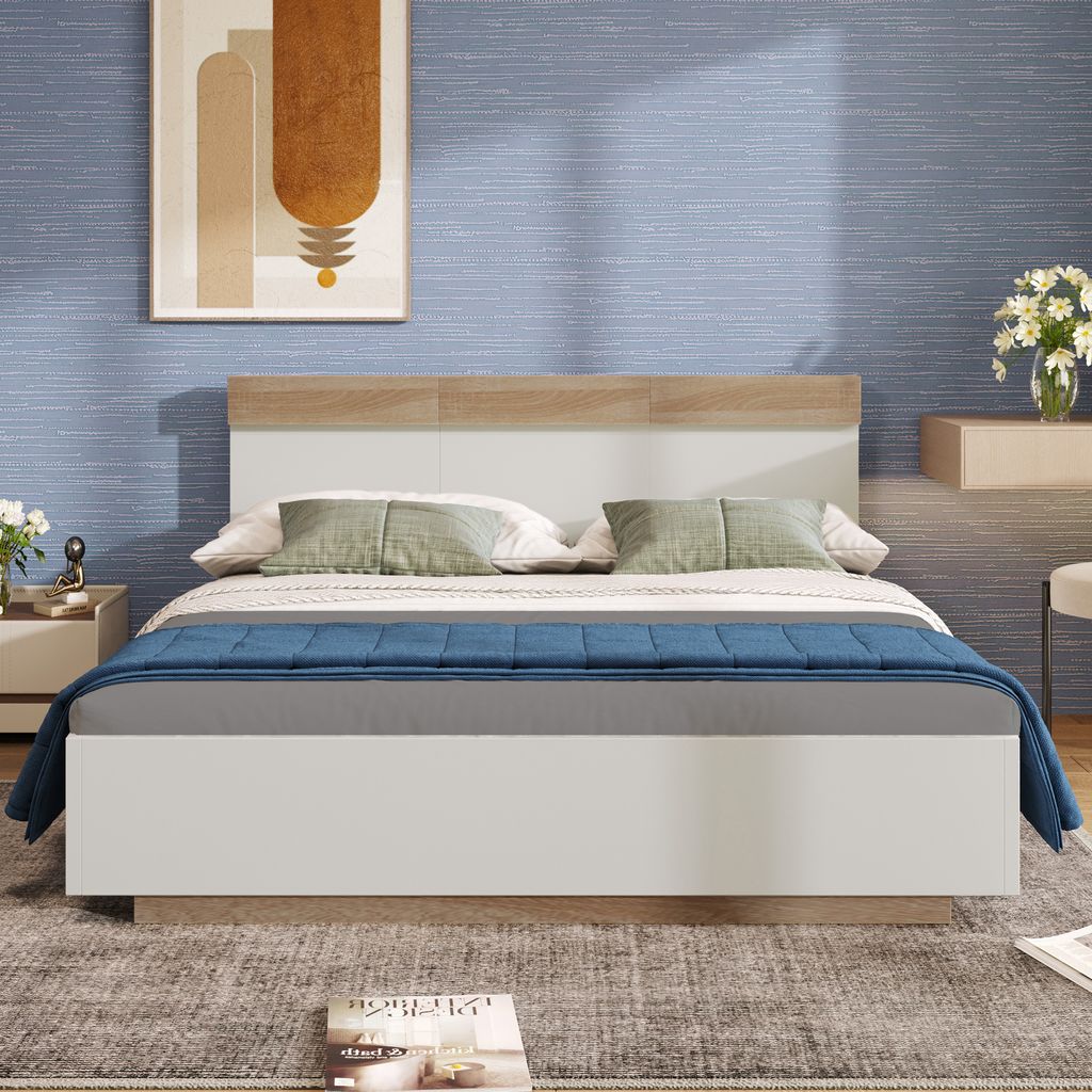 Holzbett, 180x200 cm, Doppelbett mit Lattenrost und Kopfteil, Schwebebett, Massivholzbett, Jugendbett
