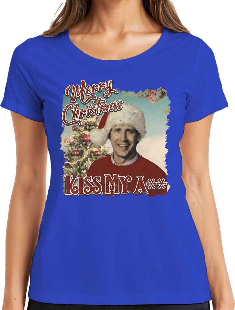 Merry Christmas Clark Griswold Schöne Bescherung Kiss My A - Weihnachten Xmas Damen T-Shirt, Blau, XXL