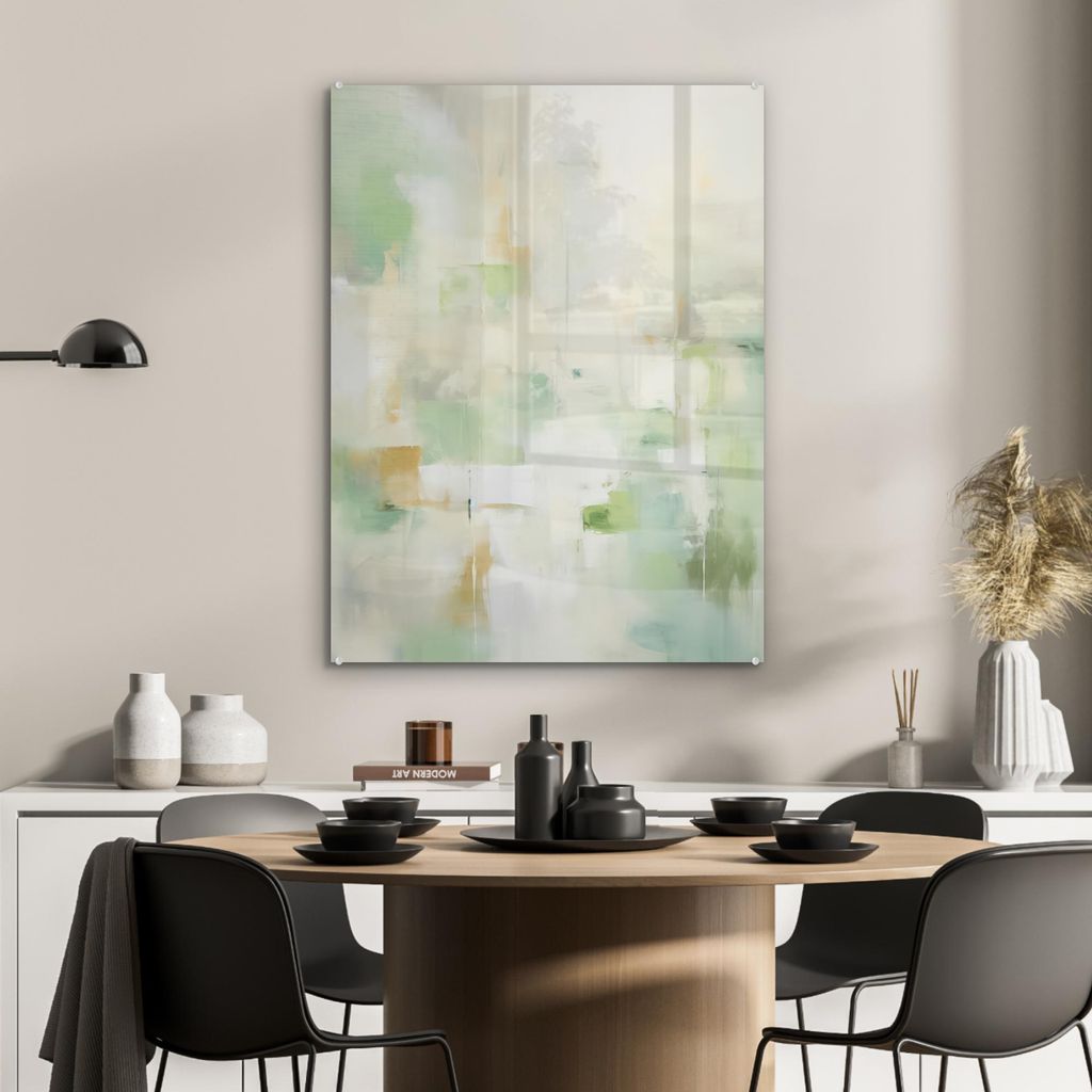 MuchoWow Glasbilder - Bilder auf Wandbild - Foto auf Glas Abstrakt - Kunst - Weiß - Grün - Modern 60x80 cm Wanddekoration aus Glas - Acrylglasbil...