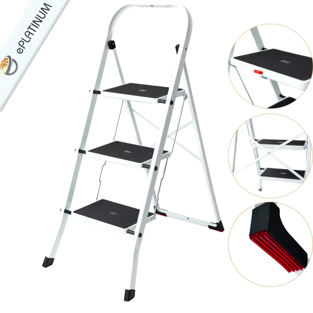 Escabeau sécurisé 3 marches acier blanc platine anti-glisse et stable