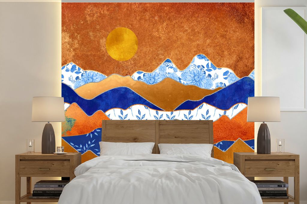 MuchoWow Fototapete für Wohnzimmer oder Schlafzimmer Wandtapete Vinyl Motivtapete Gold - Delfter Blau - Muster - 240x240 cm - Schlafzimmer-Tapete