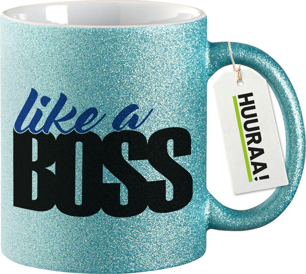 Huuraa Glitzertasse like a Boss Spruch 330ml Blau Keramik Kaffeebecher Geschenkidee
