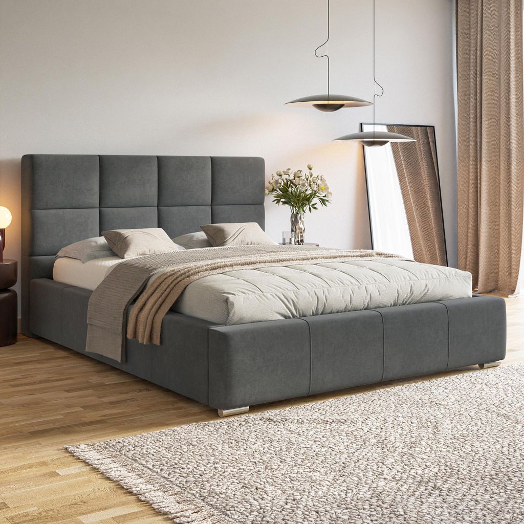 MOTIVENA Luna Polsterbett 180x200 mit Bettkasten, Holz Lattenrost, Bett 180x200 Grau Samt (Jasmine 96)