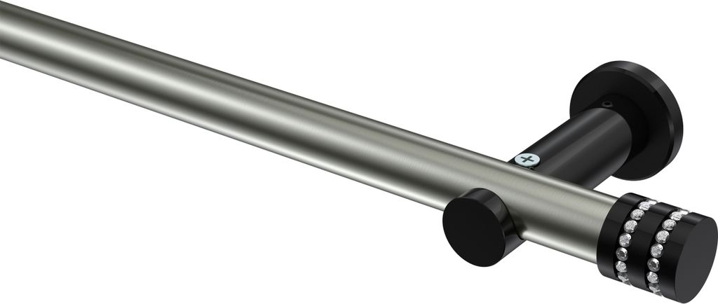 Interdeco Gardinenstange / Vorhangstange Edelstahl-Optik / Schwarz, Typ Platon Estana (Glitzerkappe) ohne Ringe, 20 mm Ø 1-läufig, 160 cm