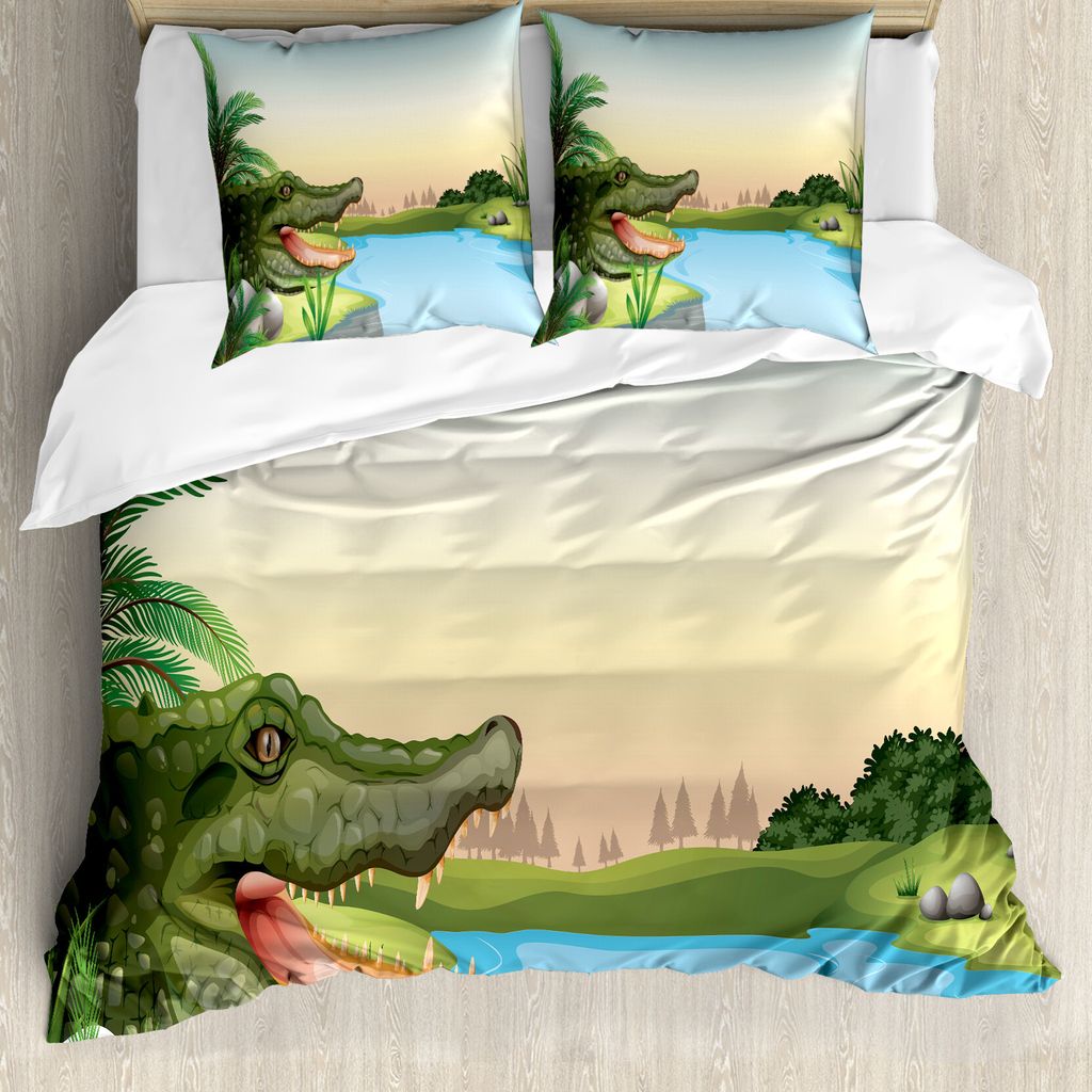 ABAKUHAUS Reptil Bettbezug, Palms Crocodiles Humor, Milbensicher Allergiker geeignet mit Kissenbezügen, 155 cm x 220 cm - 80 x 80 cm, Grün blau