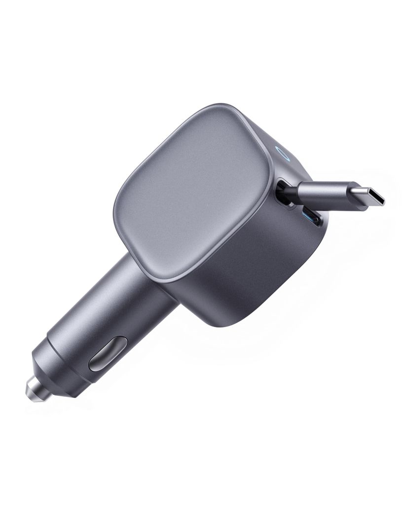USB-C Kfz-Ladegerät, 75W Max. Ultra-kompaktes Typ-C Kfz-Schnellladegerät, Integriertes einziehbares Kabel, Autonetzteil