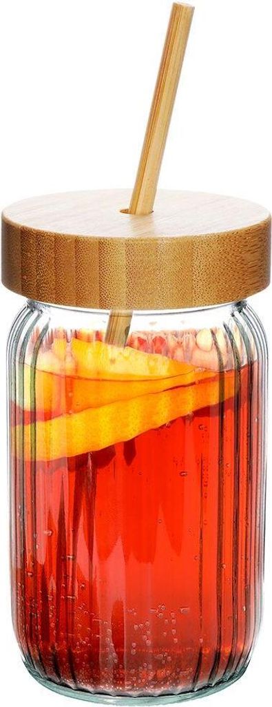 Excellent Houseware Trinkglas mit Bambusdeckel und Trinkhalm Becher Glas 500 ml