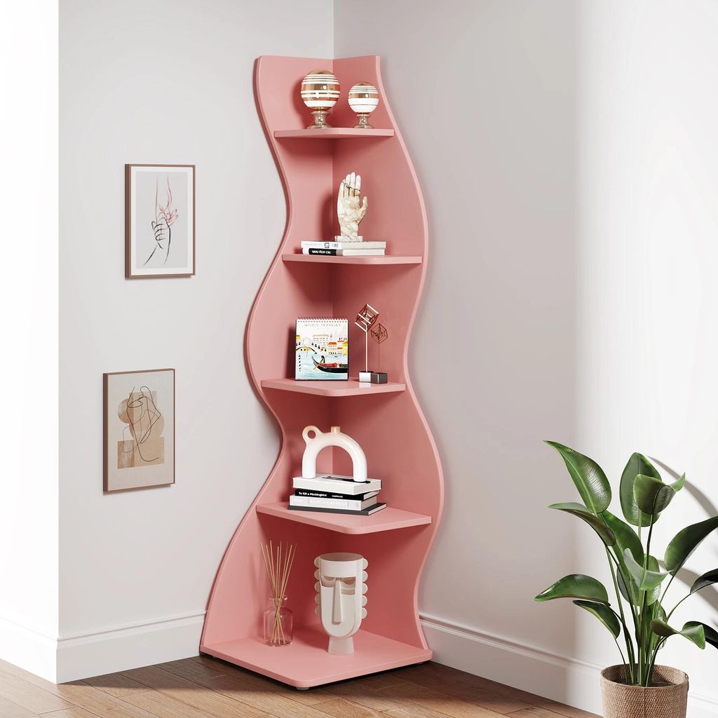 Eckregal - Bücherregal 5 Ebenen - Freistehend, platzsparend - Spanplatte - Maße 50 x 48 x 177 cm - Rosa
