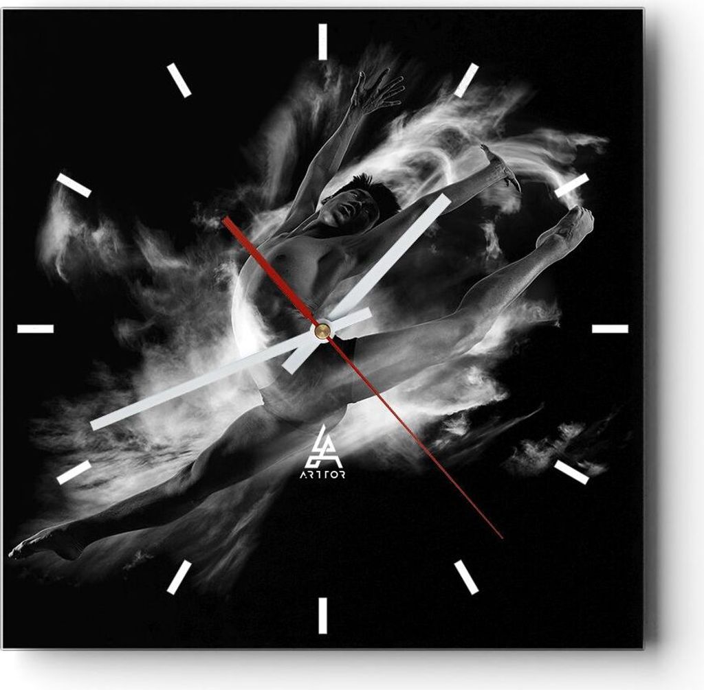 Wanduhr - Quadrat - Glasuhr - Tanz Mann spring - 40x40cm - Schleichendes Uhrwerk - Lautlos - zum Aufhängen bereit - Dekoration Modern - Wanddekora...