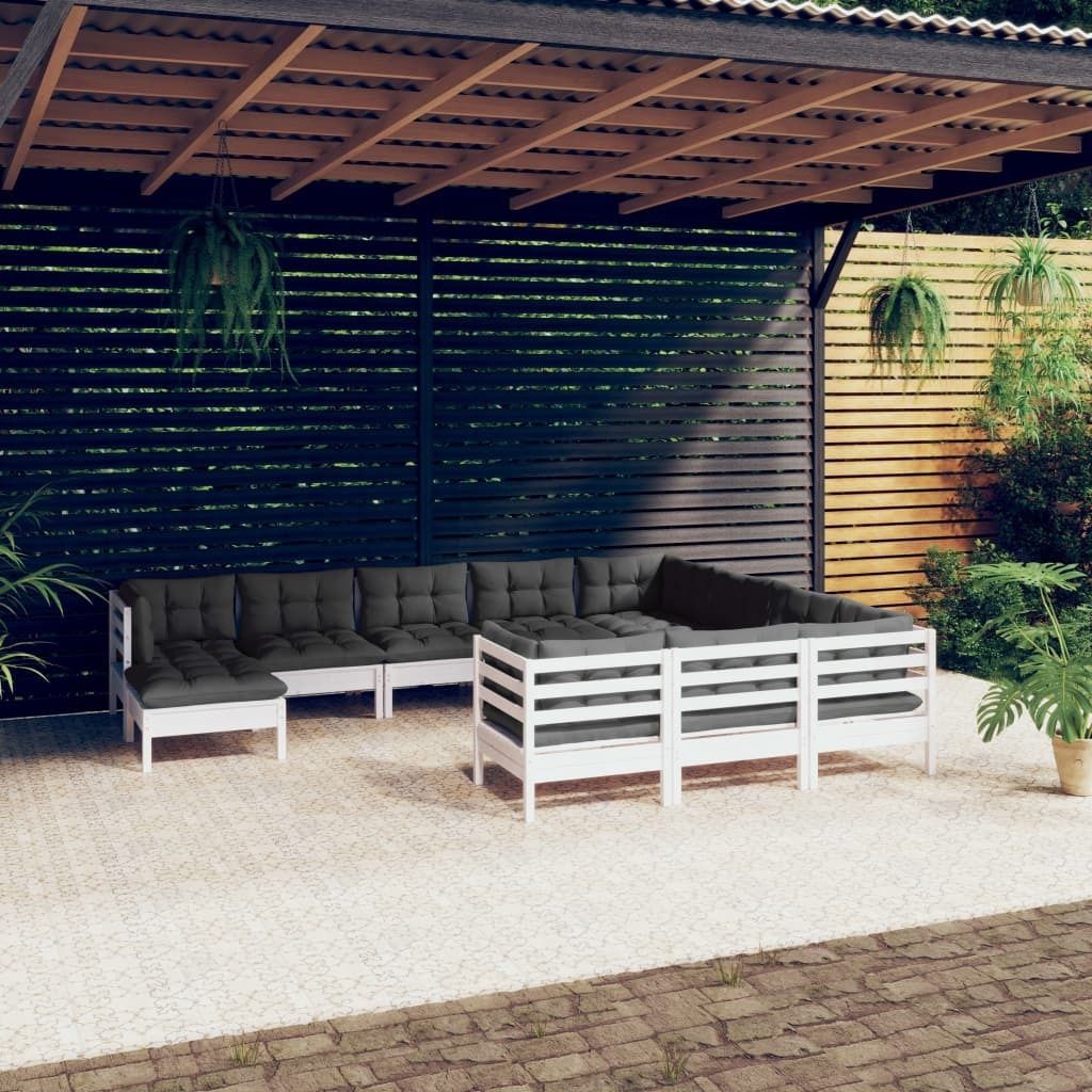 Maison Exclusive - 11-tlg. Garten-Lounge-Set mit Kissen Weiß Kiefernholz