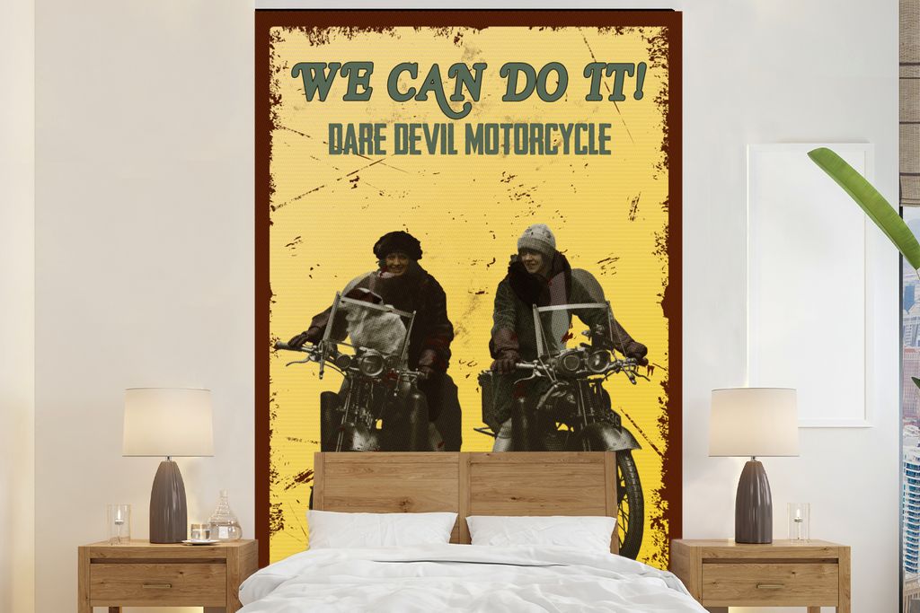 MuchoWow Fototapete für Wohnzimmer oder Schlafzimmer Wandtapete Vinyl Motivtapete Motorrad - Oldtimer - Frauen - Zitat - 170x260 cm - Wohnzimmer...