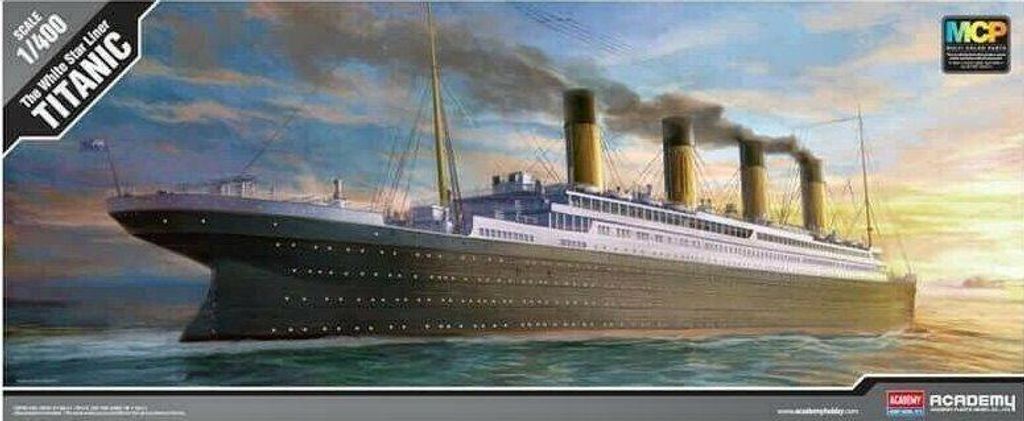 A painting of the Titanic ship sailing on the ocean with smoke coming from its funnels.