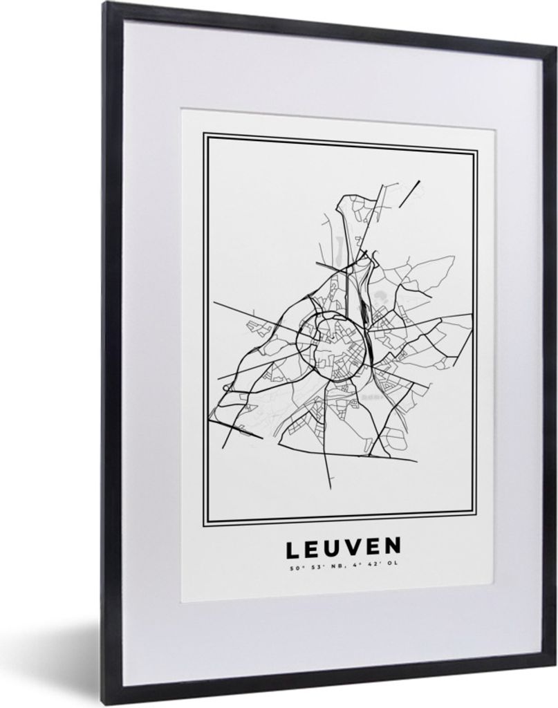 MuchoWow Gerahmtes Poster Belgien - Leuven - Stadtplan - Karte - Schwarz und weiß - Grundriss 30x40 cm - Poster mit Schwarzem Bilderrahmen Wandp...