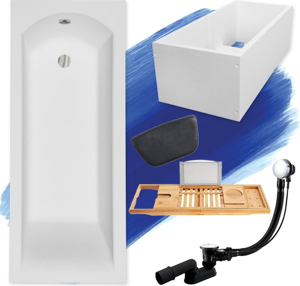 Badewanne Rechteck Set 5in1 170x70 mit Ablaufgarnitur und Füßen GRATIS + Wannenträger + Bambus Holzablage + Kopfstütze in Schwarz | BADLAND SHEA