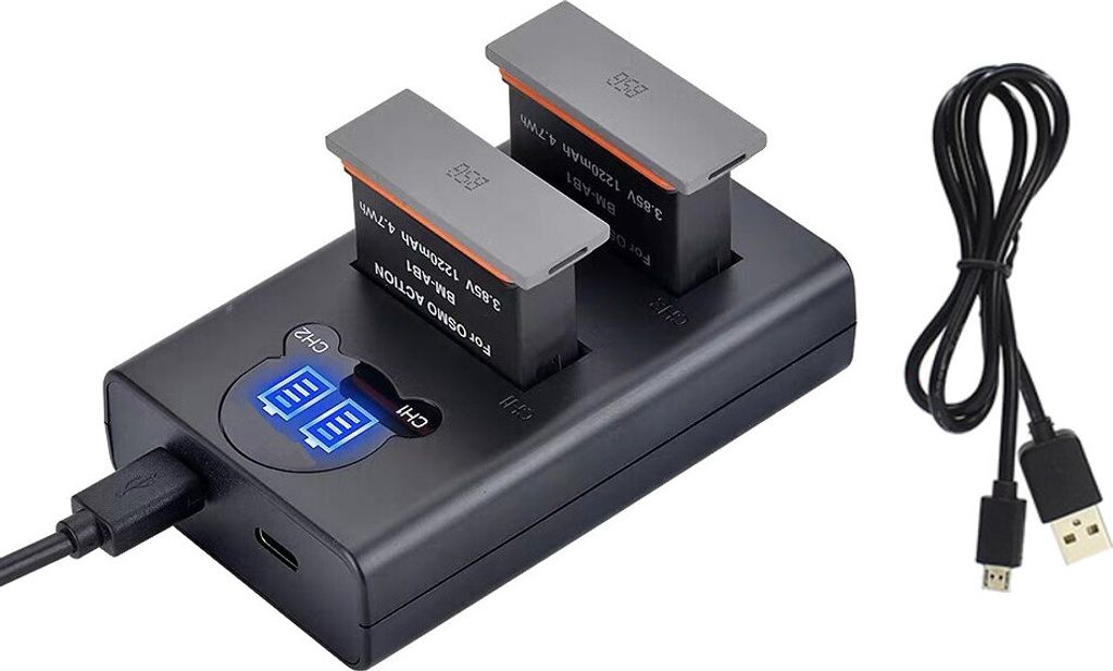 Dual Akku Schnell-Ladegerät für 2 Akkus mit LCD für DJI Osmo Action Kamera AB1, P01 / Trade-Shop Micro-USB Typ-C Doppel ersetzt DJI 188480 CS-DJ...