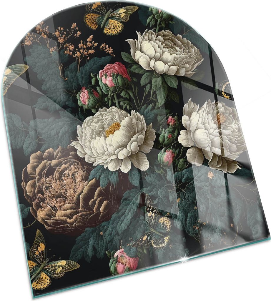 Florales Muster mit Schmetterlingen – Glasbodenplatte für – Kaminofen – Kaminplatte Glas – Schutzglas – Funkenschutzplatte –Glasbodenp...