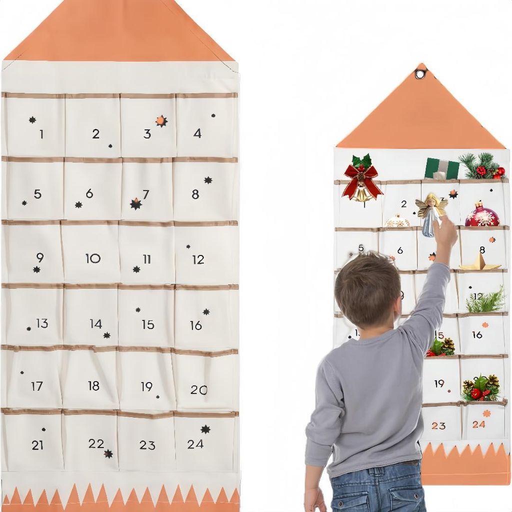 Adventskalender mit 24 Taschen, Stoff Kalender befüllbar, Weihnachtskalender zum befüllen Weihnachten, Aufhängen Weihnachtlichen Ornamente (Orange)